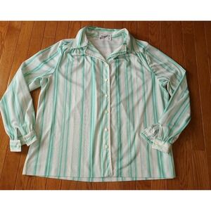 70s Miss Accent Act Women's Green White Short Sleeve Button Up Polyester Med
